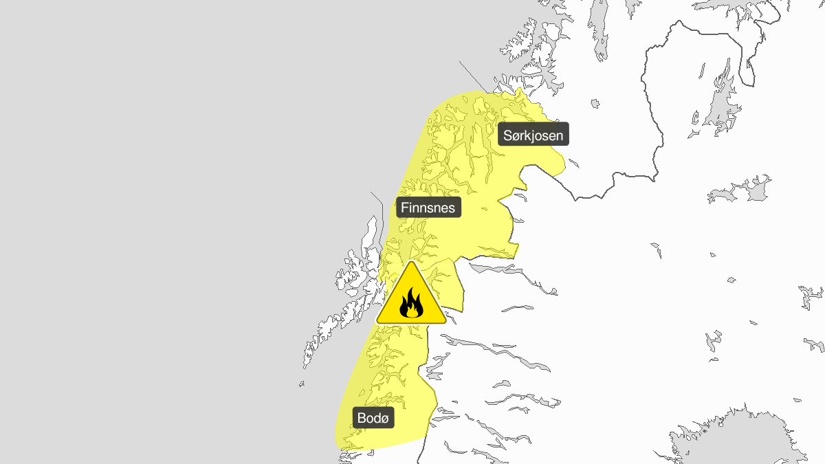 Forest fire danger, yellow level, Saltfjellet, Salten and Ofoten, 15 August 08:00 UTC to 17 August 18:00 UTC.