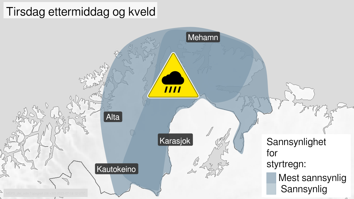 Kart over Styrtregn, gult nivå, Store deler av Finnmark, 2023-07-18T11:00:00+00:00, 2023-07-18T18:00:00+00:00