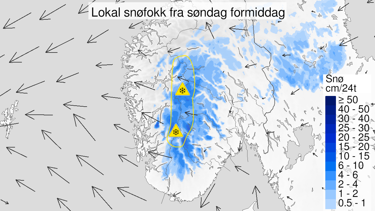Map over Blowing snow, yellow level, Western mountains in South Norway, 2024-04-28T09:00:00+00:00, 2024-04-28T18:00:00+00:00