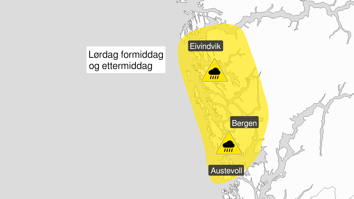 Map over Heavy rainshowers, yellow level, Parts of Vestland, 2024-08-24T09:00:00+00:00, 2024-08-24T14:00:00+00:00