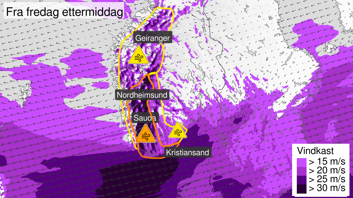 Kart over Svært kraftige vindkast pågår, oransje nivå, Deler av Agder og indre strøk av Rogaland og Hordaland, 2023-10-20T13:00:00+00:00, 2023-10-21T16:00:00+00:00
