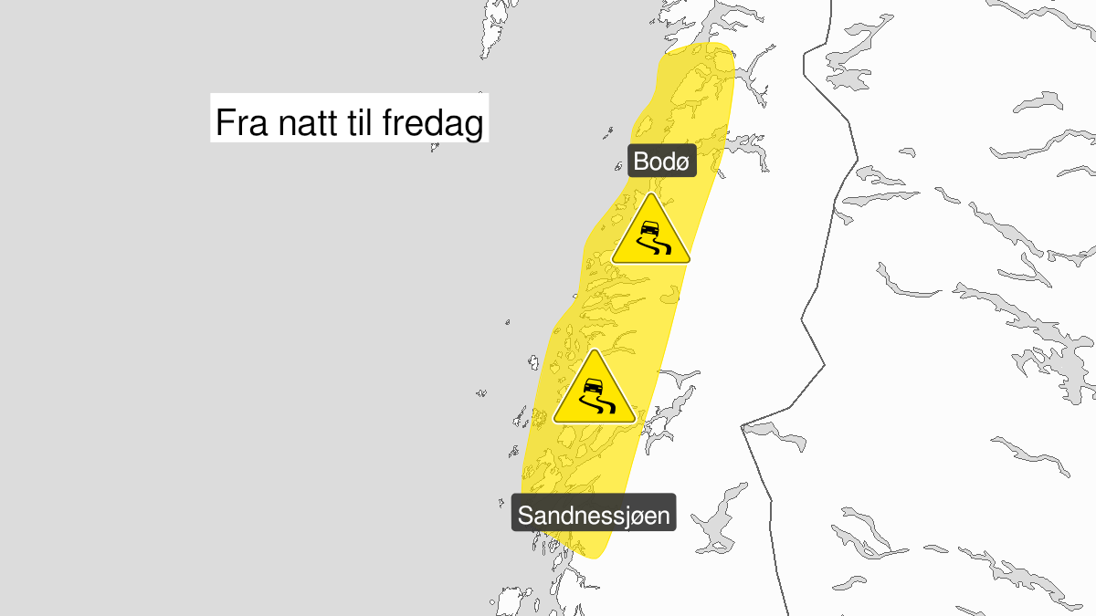 Kart over Is, gult nivå, Ytre strøk av Helgeland og deler av Salten, 2023-12-15T02:00:00+00:00, 2023-12-15T22:00:00+00:00