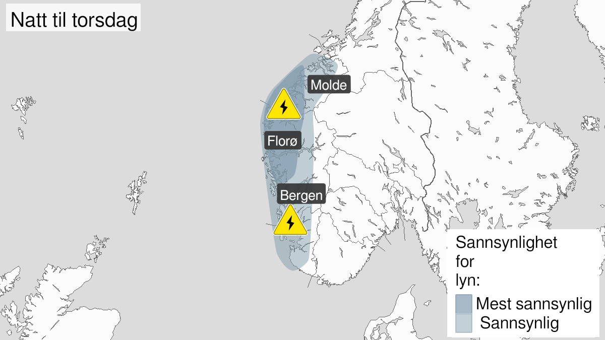 Kart over Mye lyn, gult nivå, Deler av Vestlandet , 2024-01-31T22:00:00+00:00, 2024-02-01T10:00:00+00:00