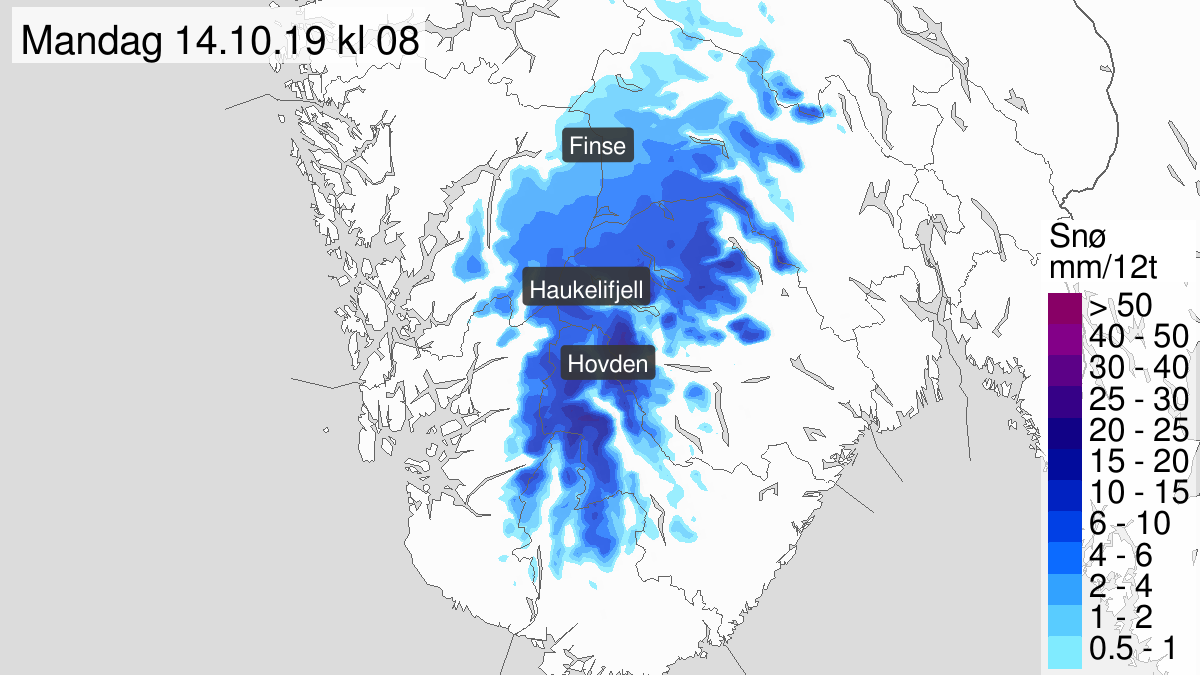 Mye snø, gult nivå, Langfjella sør for Finse, 13 October 20:00 UTC til 14 October 06:00 UTC.