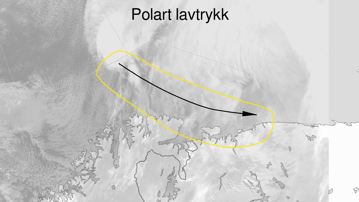 Kart over Polart lavtrykk, gult nivå, Deler av Nordbanken, Kildinbanken og Varangerhalvøya, 2023-03-20T12:00:00+00:00, 2023-03-21T00:00:00+00:00