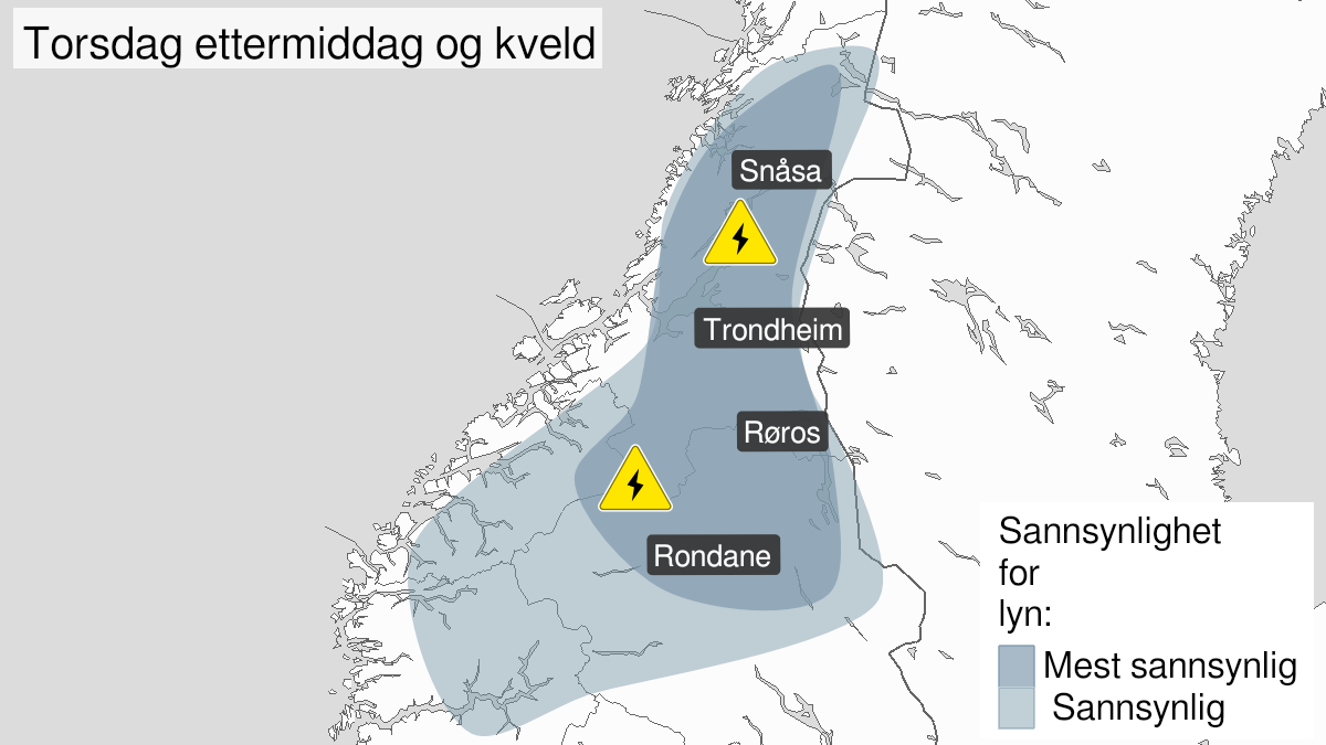 Kart over Mye lyn pågår, gult nivå, Deler av Trøndelag, Møre og Romsdal, Vestland og Innlandet, 2023-07-27T11:00:00+00:00, 2023-07-27T20:00:00+00:00