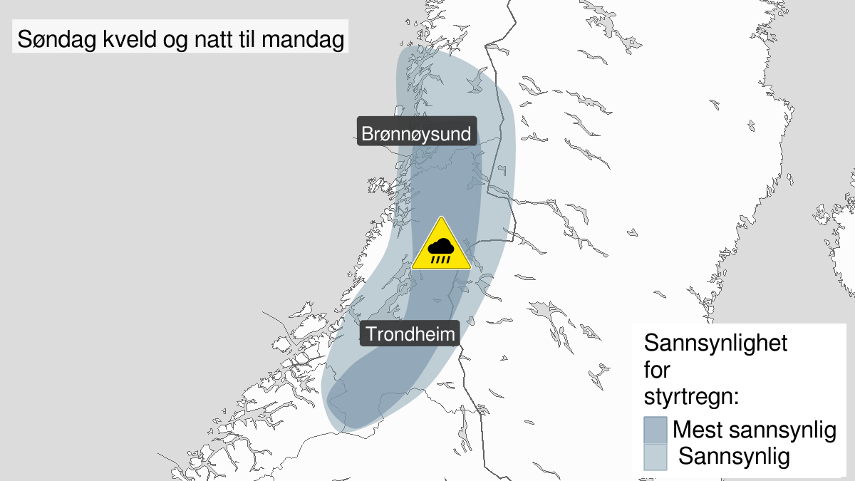 Kart over styrtregn, gult nivå, Trøndelag og Sør-Helgeland, 02 August 15:00 UTC til 03 August 03:00 UTC.