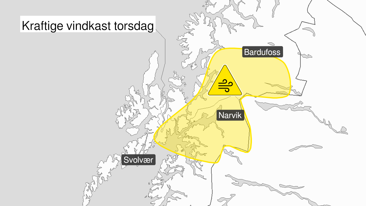 Kart over Kraftige vindkast, gult nivå, Ofoten og deler av Sør-Troms, 2022-08-11T06:00:00+00:00, 2022-08-11T21:00:00+00:00