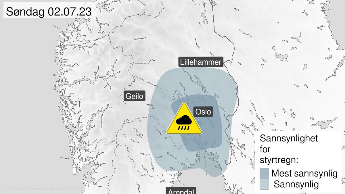 Kart over Styrtregn, gult nivå, Deler av Østlandet, 2023-07-02T00:00:00+00:00, 2023-07-02T23:55:00+00:00