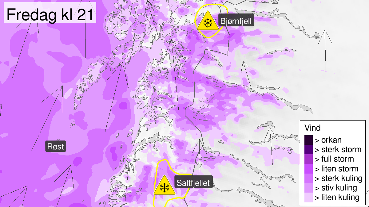 Kraftig snøfokk, gult nivå, Saltfjellet, 21 February 17:00 UTC til 22 February 18:00 UTC.