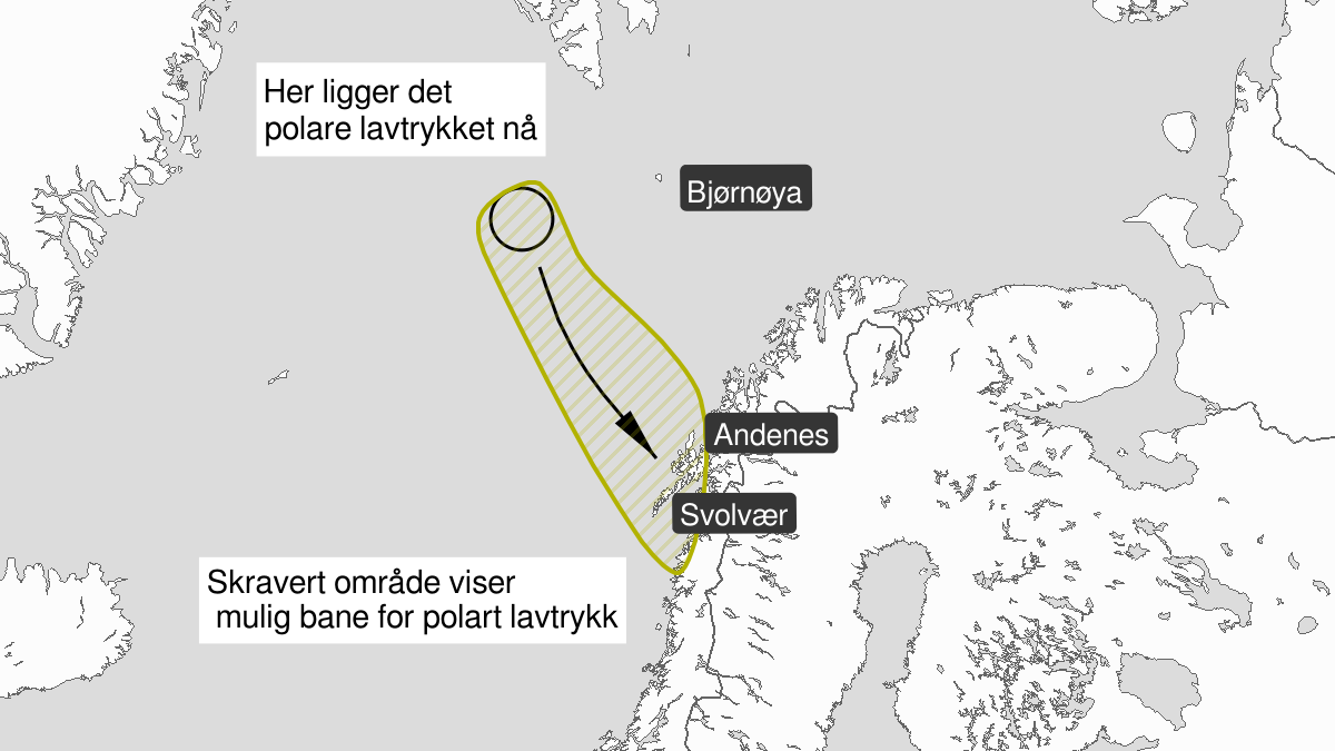 Polar low, yellow level, Lofoten and Vesteraalen, 11 February 23:00 UTC to 12 February 08:00 UTC.