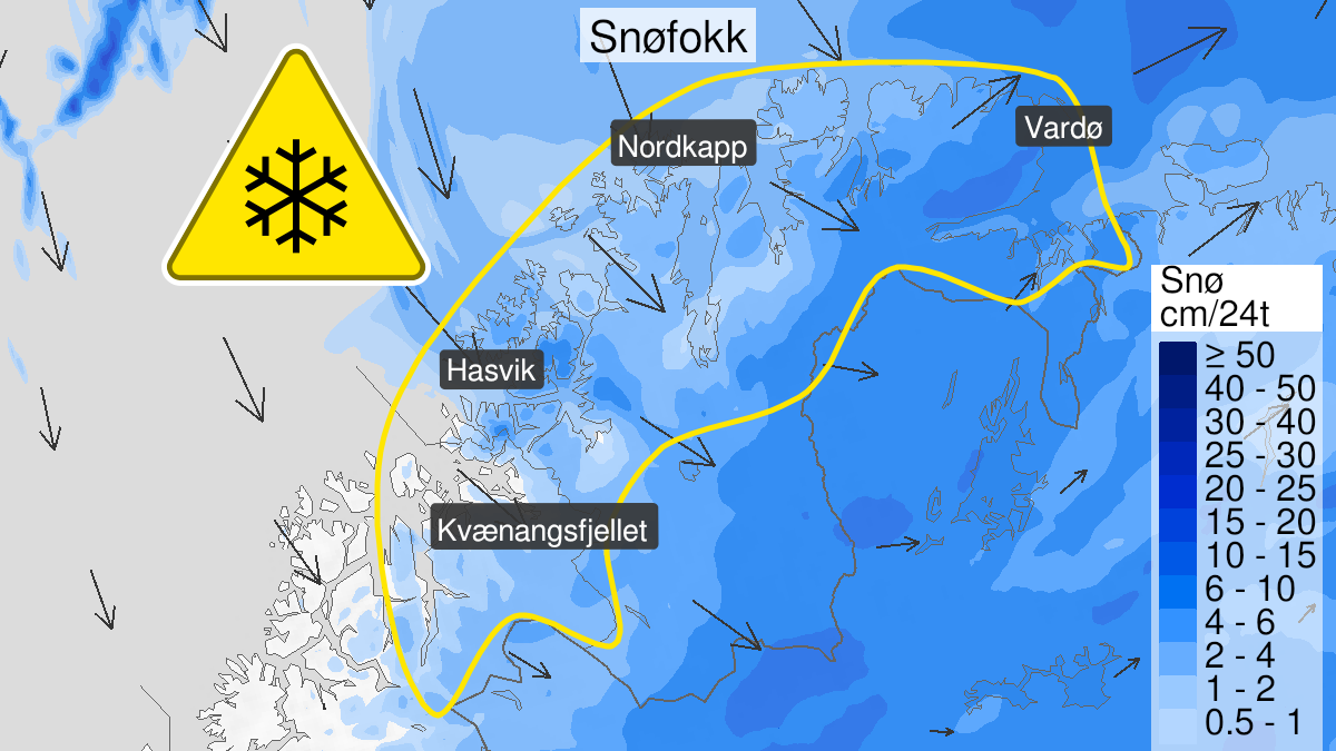 Map over Blowing snow, yellow level, Parts of Troms and Finnmark, 2024-03-27T15:00:00+00:00, 2024-03-29T05:00:00+00:00
