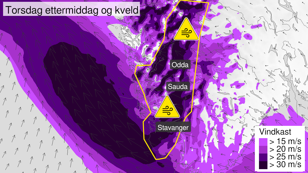 Kart over Kraftige vindkast, gult nivå, Deler av Rogaland og Hordaland, 2023-03-16T12:00:00+00:00, 2023-03-17T04:00:00+00:00
