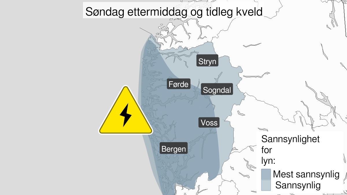 Kart over Nedgradert varsel for mye lyn, Vestland