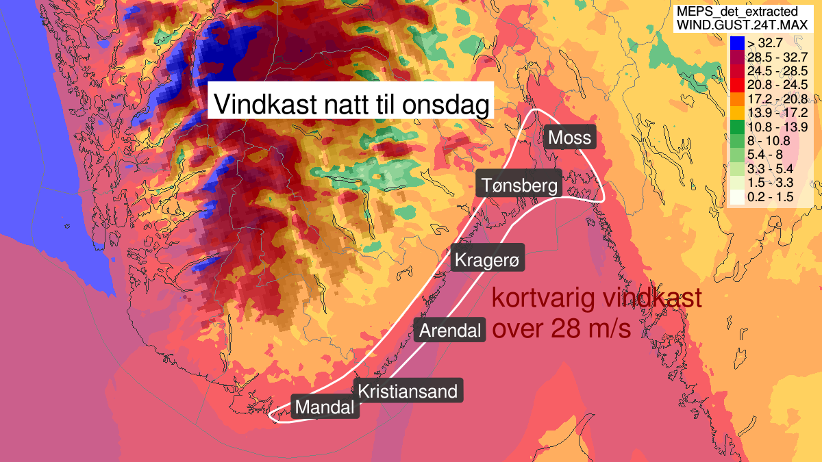 Kraftige vindkast, gult nivå, Agder og Telemark, Vestfold og Østfold, 10 December 22:00 UTC til 11 December 07:00 UTC.