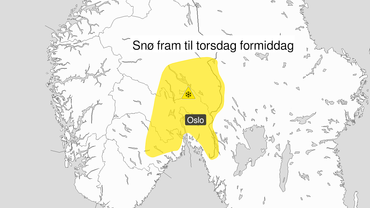 Kart over Snø pågår, gult nivå, Deler av Østlandet, 2023-02-22T06:00:00+00:00, 2023-02-23T08:00:00+00:00