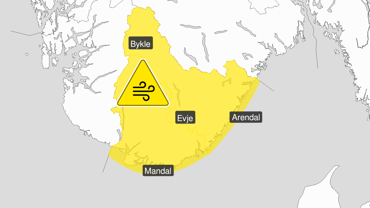 Map of strong wind gusts, yellow level, Agder, 03 October 14:00 UTC to 04 October 10:00 UTC.