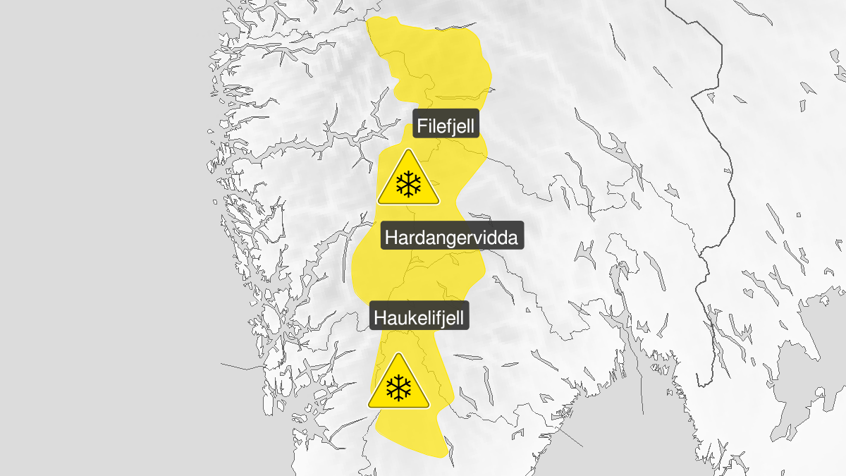 Kart over kraftig snøfokk, gult nivå, Jotunheimen og Langfjella, 08 February 07:00 UTC til 10 February 08:00 UTC.