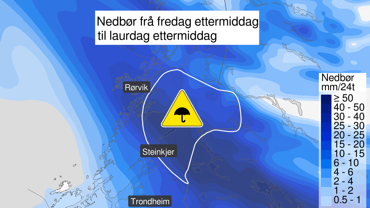 Kart over Mye regn, gult nivå, Deler av Nord-Trøndelag, 2023-06-30T11:00:00+00:00, 2023-07-01T11:00:00+00:00