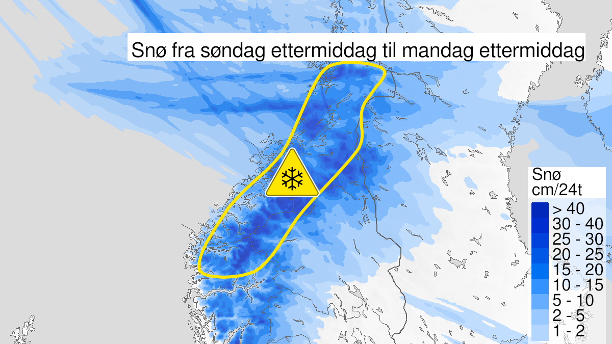 Map of snow, yellow level, Nordfjord, Moere and Romsdal and Troendelag, 16 January 15:00 UTC to 17 January 12:00 UTC.