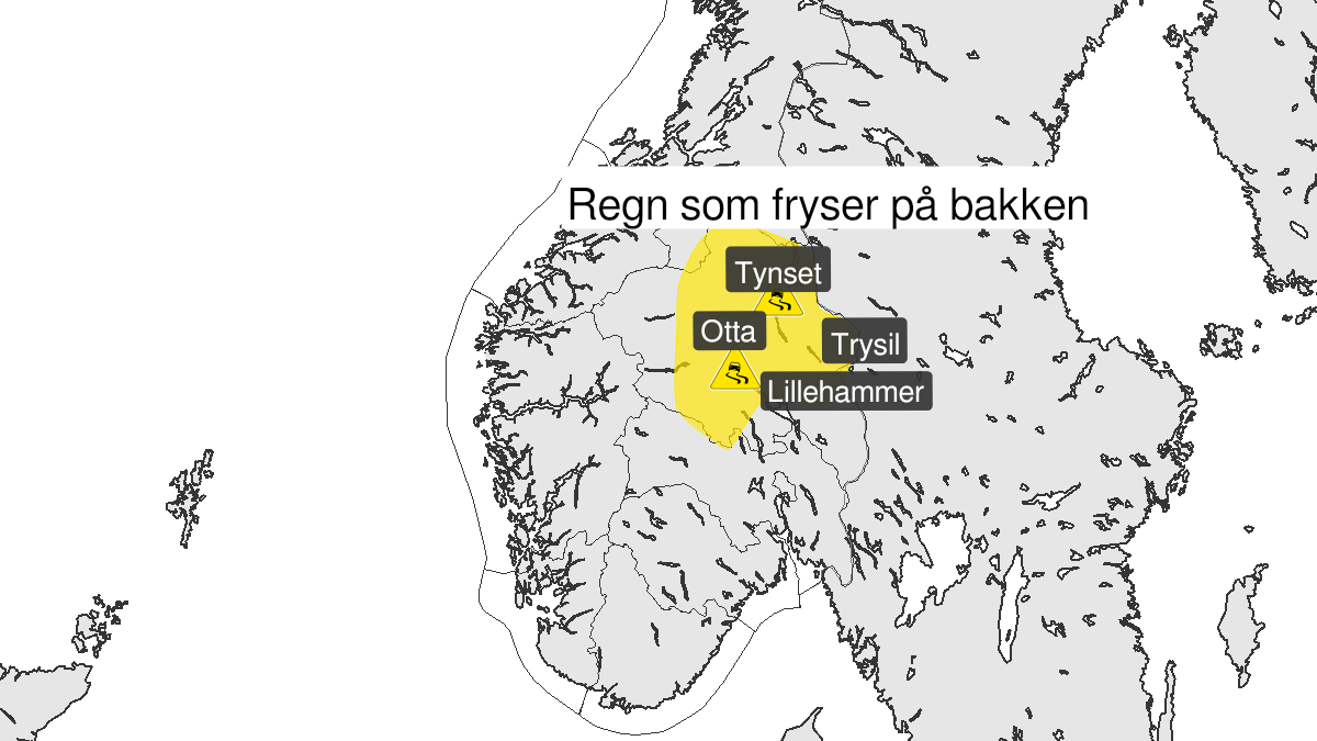 Kart over Is, gult nivå, Deler av Innlandet, 2023-01-07T23:01:00+00:00, 2023-01-08T10:00:00+00:00