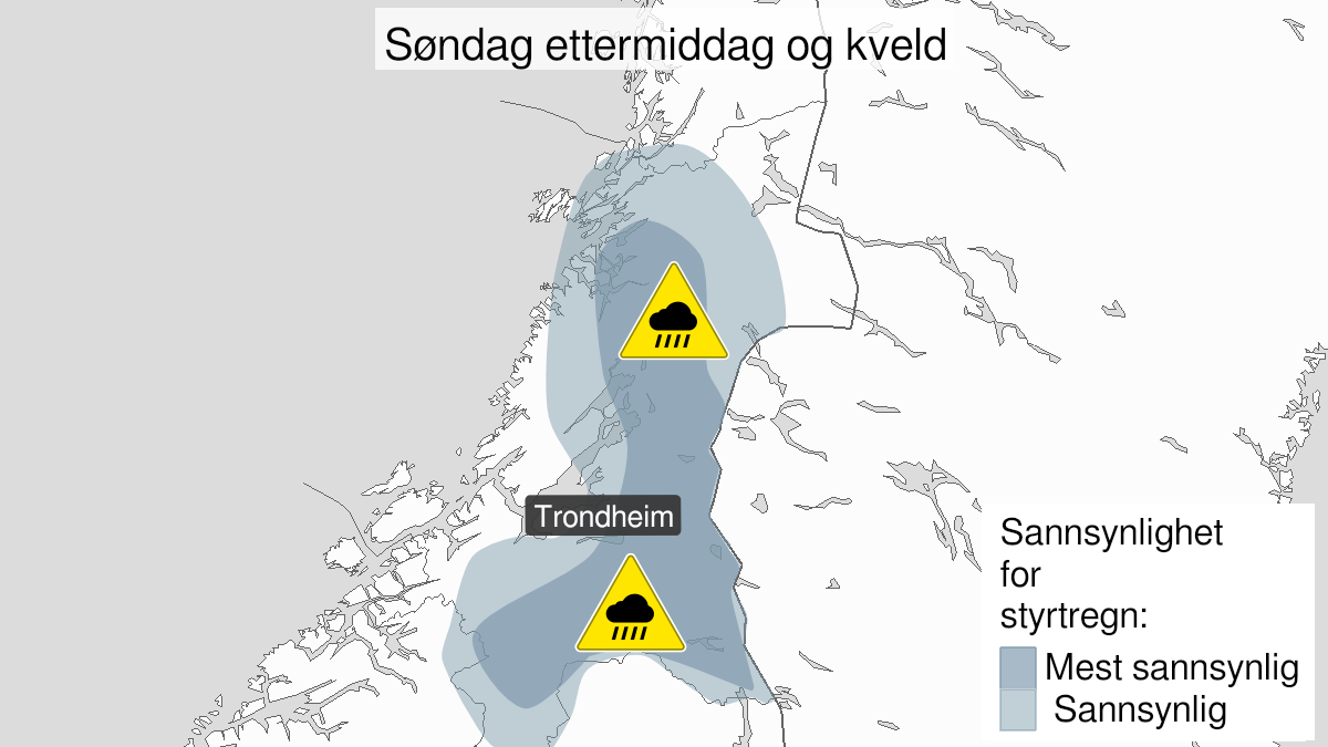 Map over Heavy rainshowers, yellow level, Trøndelag, 2024-08-04T12:00:00+00:00, 2024-08-04T22:00:00+00:00