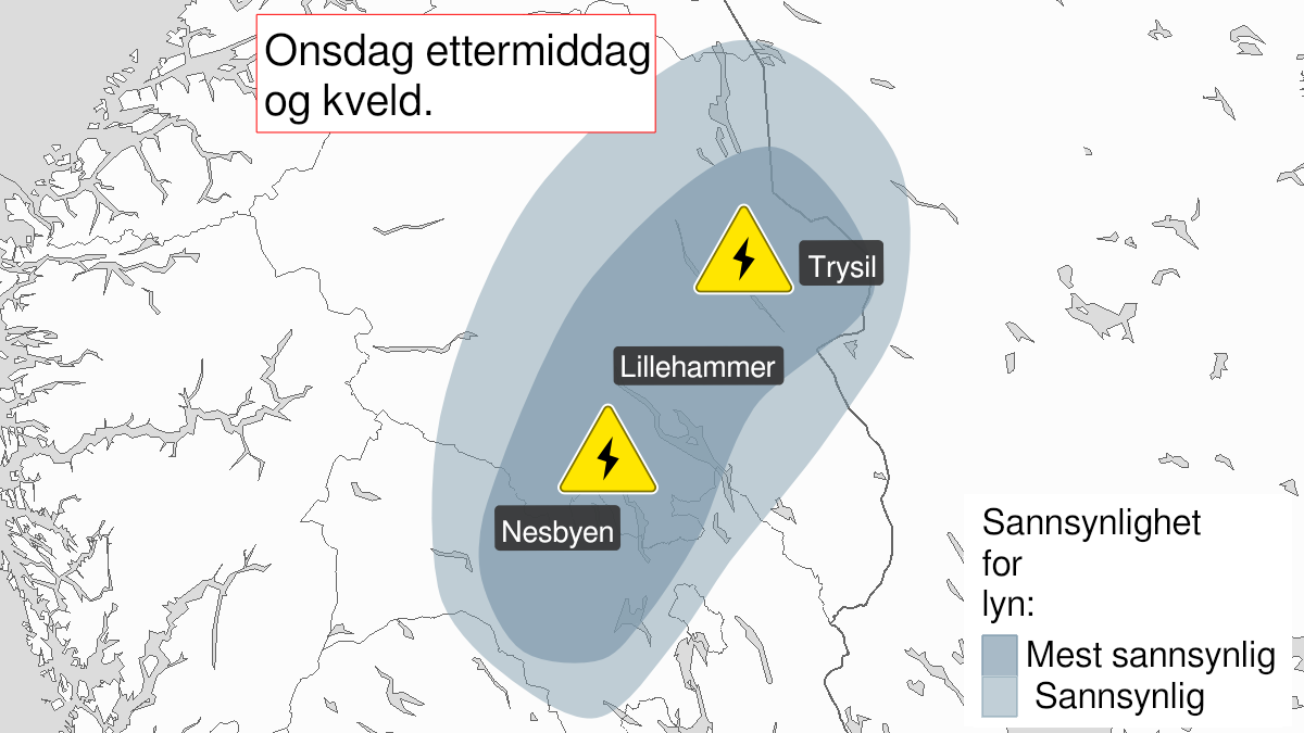 Kart over mye lyn, grønt nivå, Buskerud, Akershus, Oppland og Hedmark, 11 August 13:00 UTC til 11 August 19:00 UTC.