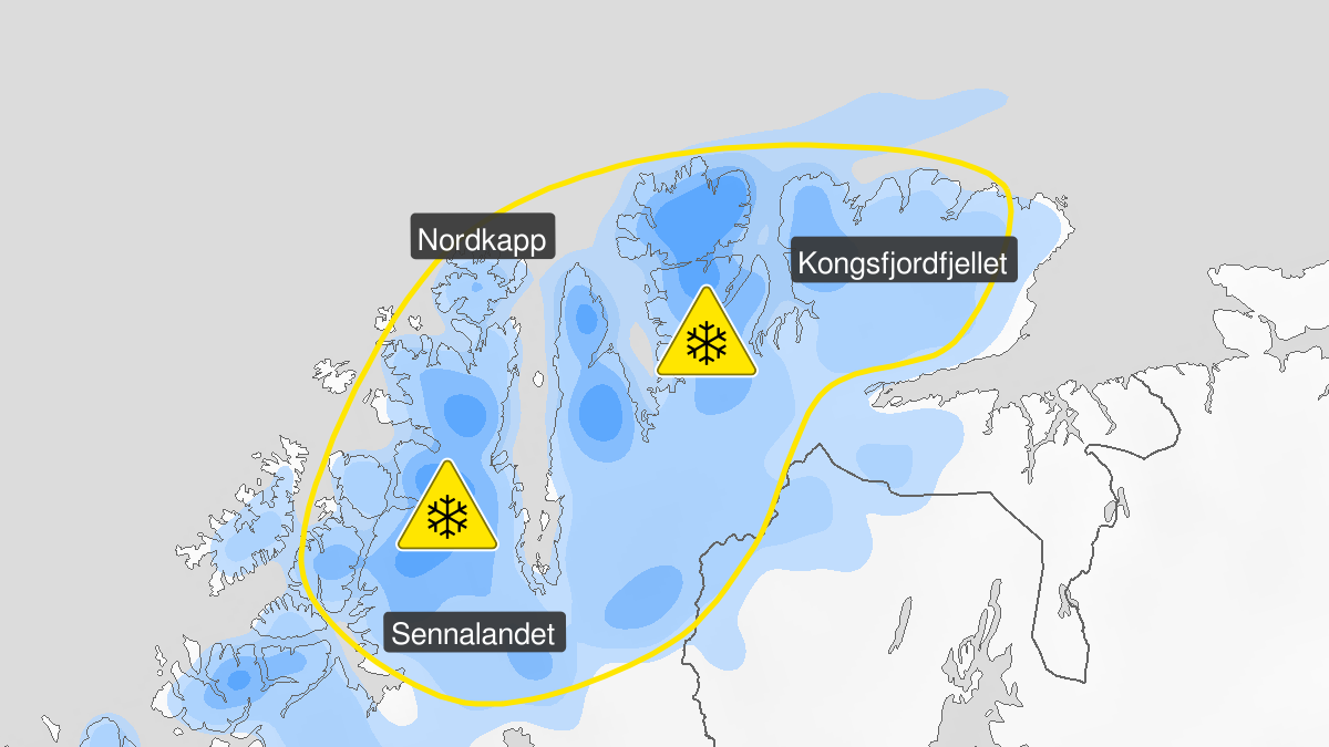 Kart over Snø, gult nivå, Fjelloverganger i ytre Finnmark, 2023-10-02T09:00:00+00:00, 2023-10-04T07:00:00+00:00