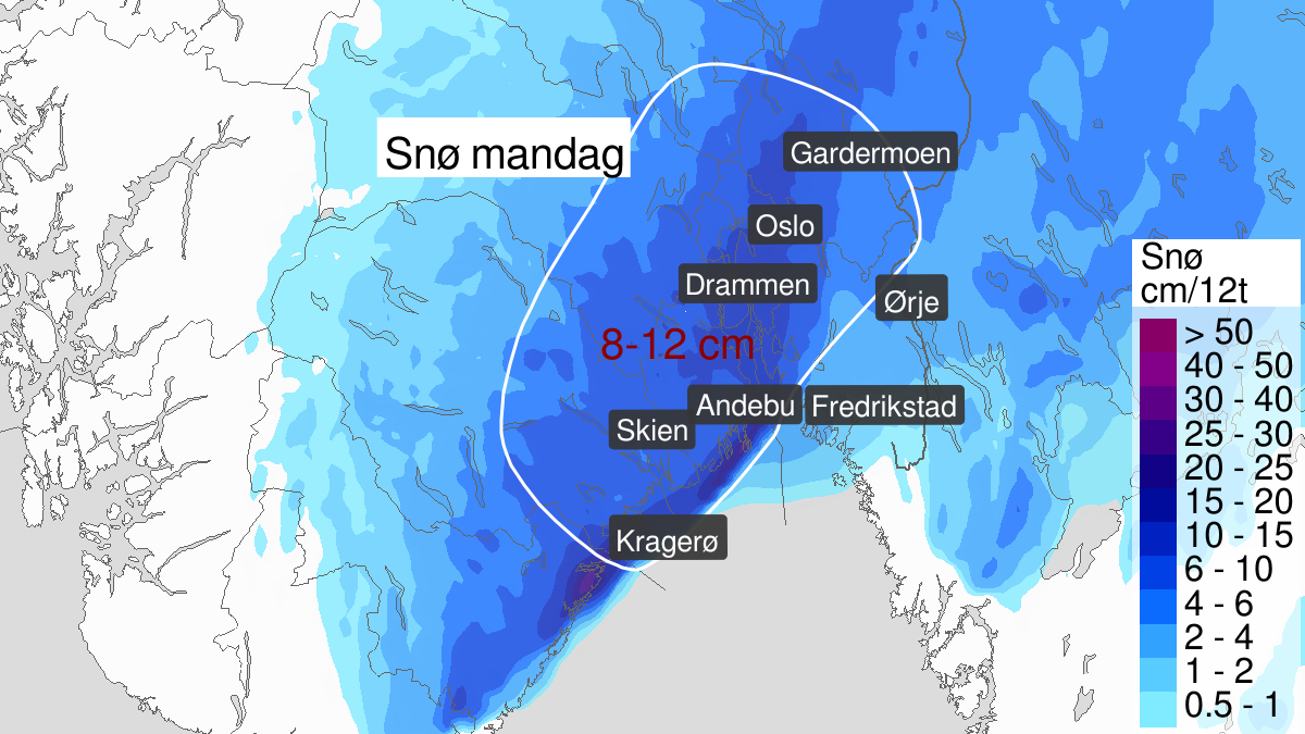 Heavy snow, yellow level, Telemark, Vestfold, Oestfold, Oslo, Akershus and Buskerud, 10 November 21:00 UTC to 11 November 12:00 UTC.