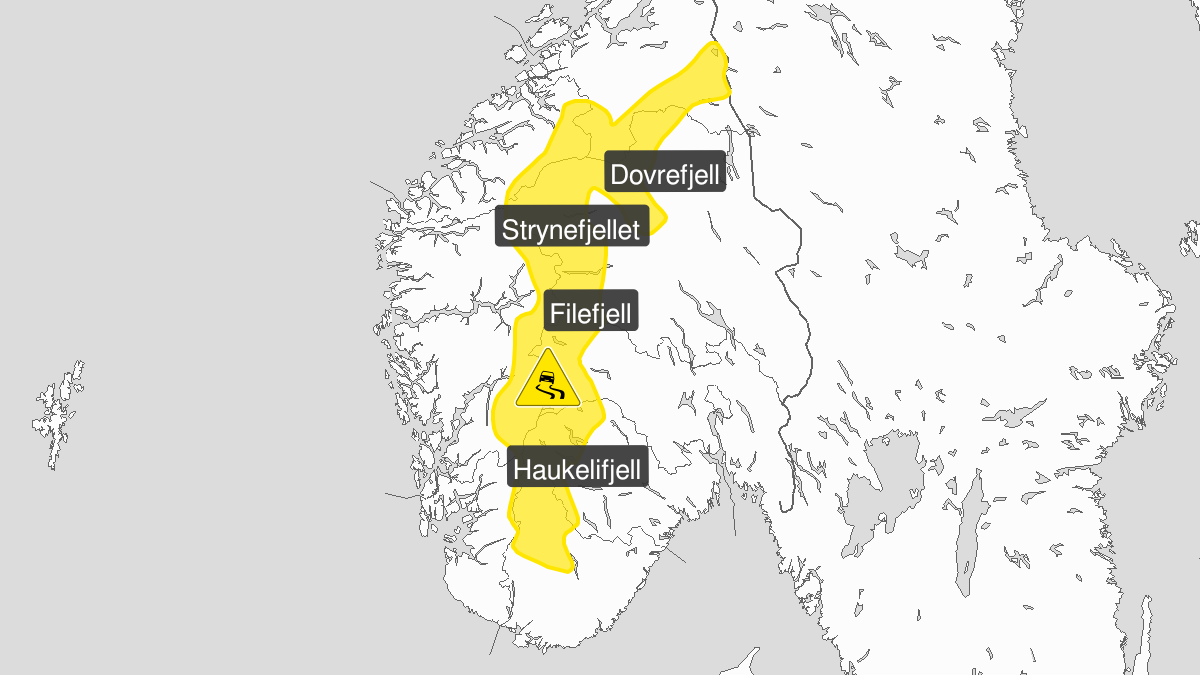 Kart over Is, gult nivå, Fjellovergangene i Sør-Norge, 2023-01-23T20:00:00+00:00, 2023-01-24T18:00:00+00:00