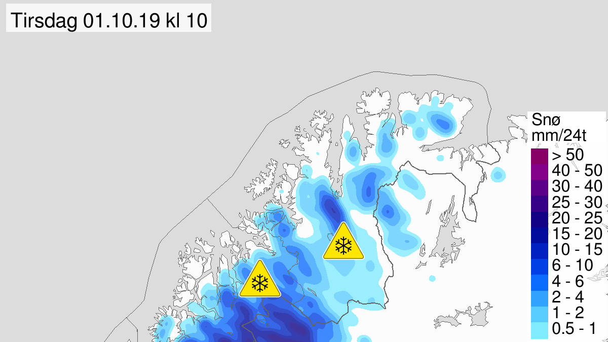 Mye snø, gult nivå, Nord-Troms og Finnmark, 28 September 18:00 UTC til 01 October 18:00 UTC.