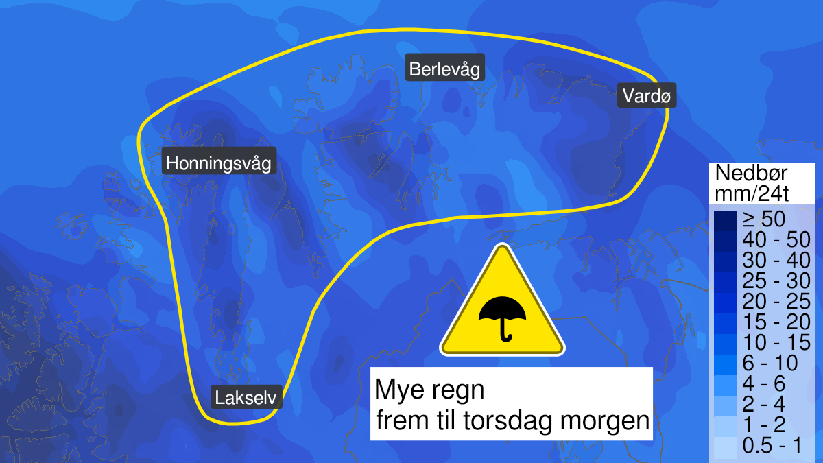 Kart over Mye regn, gult nivå, Deler av kyst- og fjordstrøkene i Finnmark, 2024-06-19T12:00:00+00:00, 2024-06-20T09:00:00+00:00