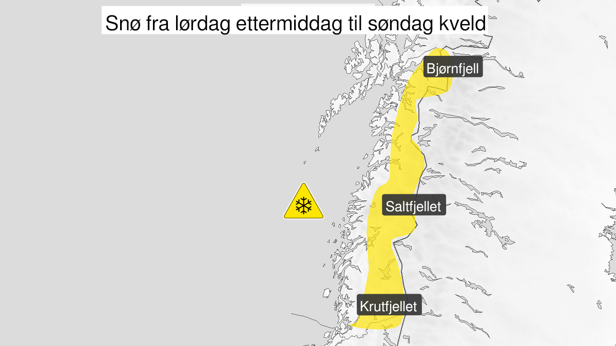 Kart over Snø, gult nivå, Store deler av fjellområdene i Nordland, 2024-09-28T15:00:00+00:00, 2024-09-29T21:00:00+00:00