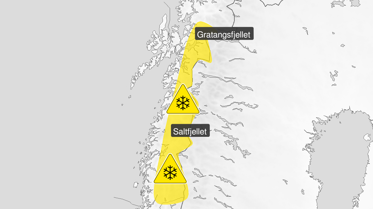 Kart over Snø, gult nivå, Fjellovergangene i Nordland og sørlige deler av Troms, 2023-05-24T22:00:00+00:00, 2023-05-26T19:00:00+00:00
