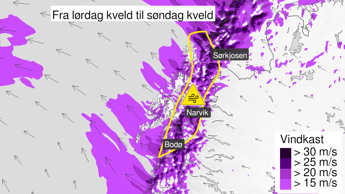 Kart over Kraftige vindkast, gult nivå, Deler av Nordland og Troms, 2023-01-07T18:00:00+00:00, 2023-01-08T18:00:00+00:00
