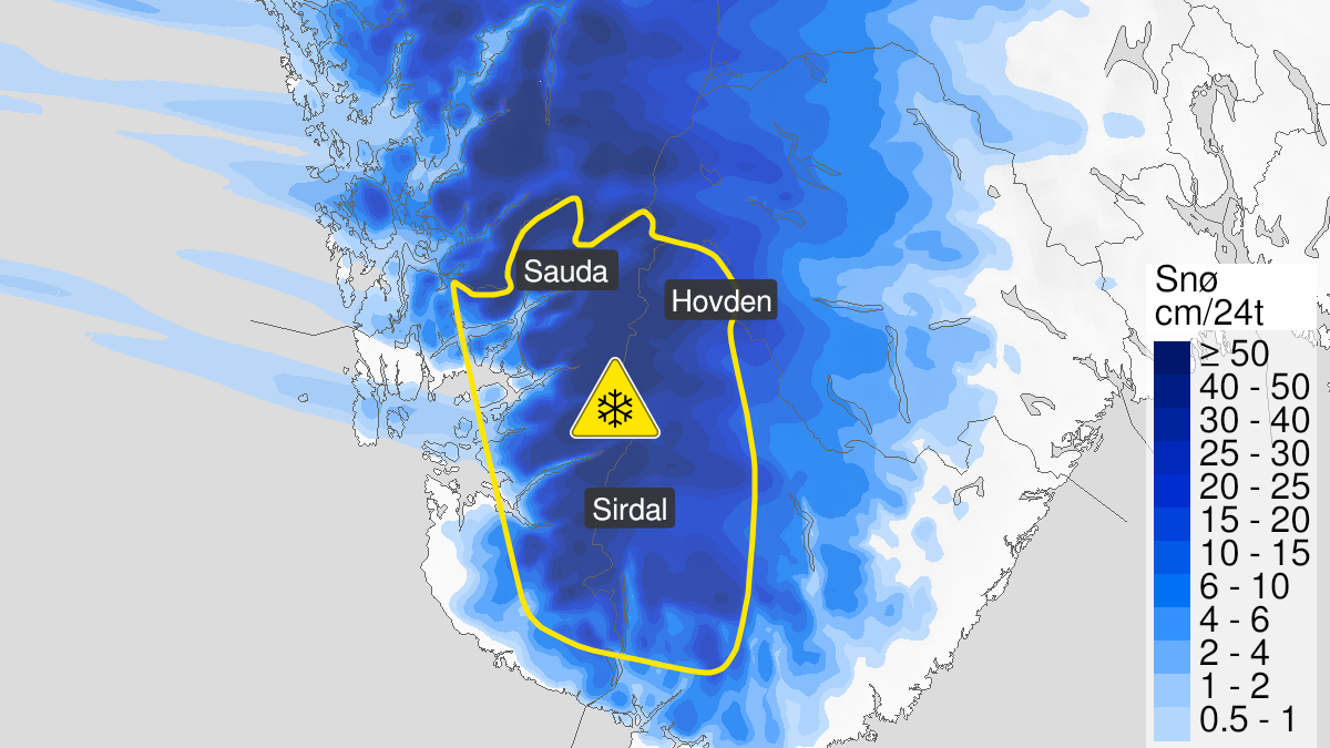 Kart over Snø, gult nivå, Deler av Rogaland og Agder, 2024-02-03T10:00:00+00:00, 2024-02-04T20:00:00+00:00