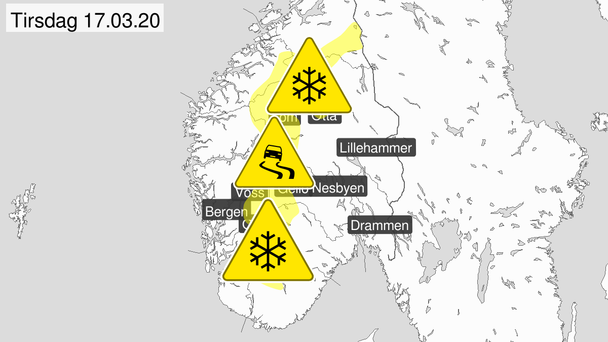 Kraftig snøfokk, gult nivå, Fjellet i Sør-Norge, 16 March 23:00 UTC til 17 March 23:00 UTC.
