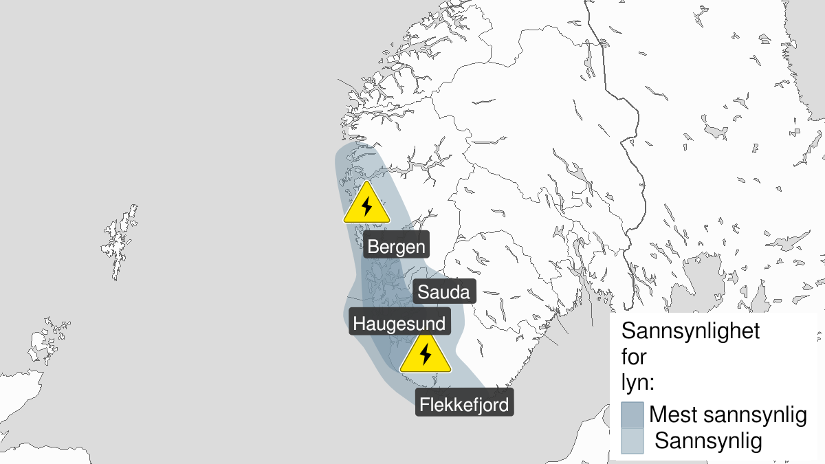 Map over Downgraded alert warning for lightning, Parts of Agder, Rogaland and parts of Vestland