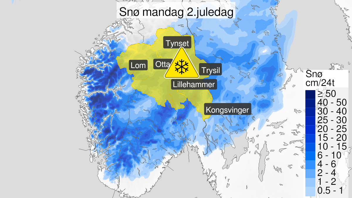 Kart over Snø, gult nivå, Innlandet, 2022-12-26T00:00:00+00:00, 2022-12-27T00:00:00+00:00