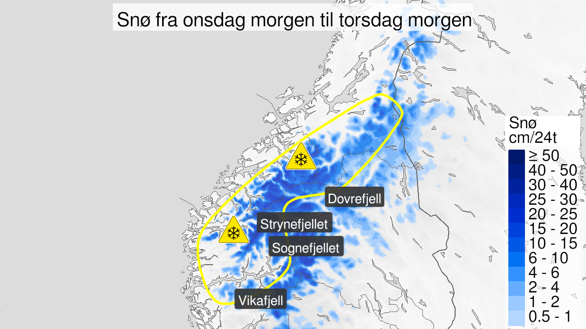 Kart over Snø, gult nivå, Nordlige deler av fjellet i Sør-Norge, 2024-09-25T06:00:00+00:00, 2024-09-26T09:00:00+00:00