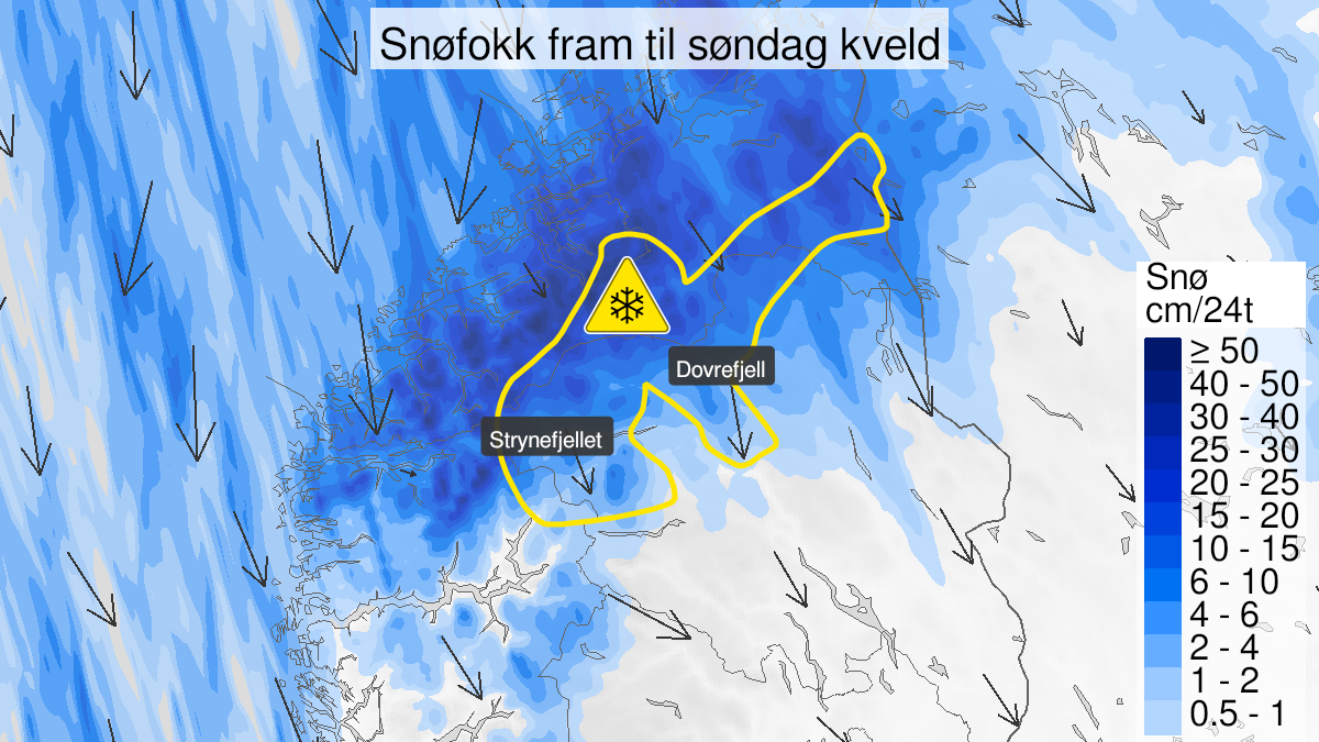 Map over Blowing snow ongoing, yellow level, Parts of mountain areas in South Norway, 2023-03-04T10:00:00+00:00, 2023-03-05T18:00:00+00:00