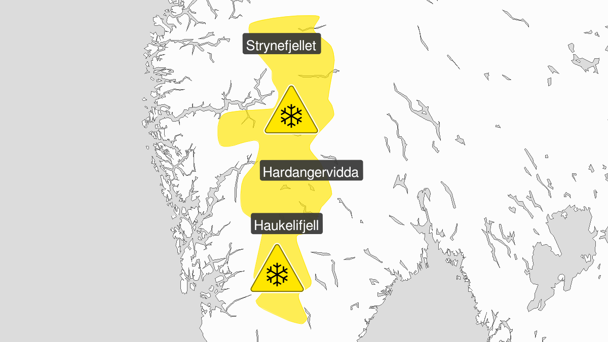 Map over Blowing snow, yellow level, Mountainous parts in South Norway, 2023-12-31T14:00:00+00:00, 2024-01-03T22:00:00+00:00