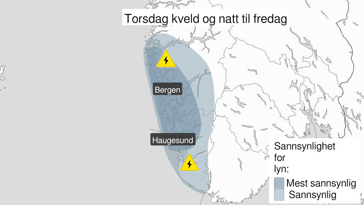 Kart over Mye lyn, gult nivå, Deler av Vestlandet Sør for Stad, 2024-06-27T19:00:00+00:00, 2024-06-28T03:00:00+00:00