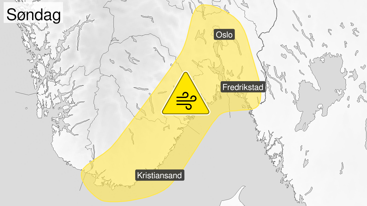 Kart over kraftige vindkast, gult nivå, Vest-Agder, Aust-Agder, Telemark, Vestfold, Østfold, Oslo og Akershus og Buskerud, 27 December 06:00 UTC til 27 December 18:00 UTC.