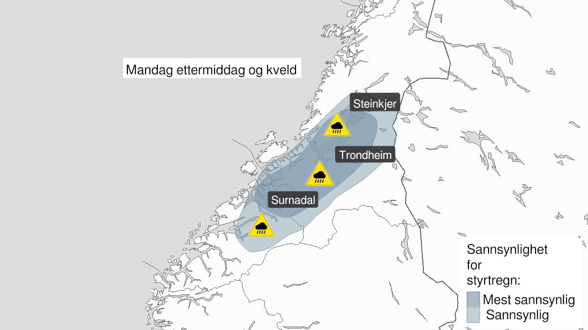 Kart over Styrtregn, gult nivå, Deler av Møre og Romsdal og Trøndelag, 2023-07-10T13:00:00+00:00, 2023-07-10T21:00:00+00:00
