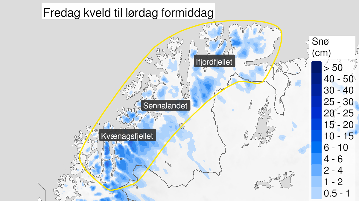 Kart over snø, gult nivå, Nord-Troms og Kyst- og fjordstrøkene i Finnmark, 03 September 16:00 UTC til 04 September 12:00 UTC.