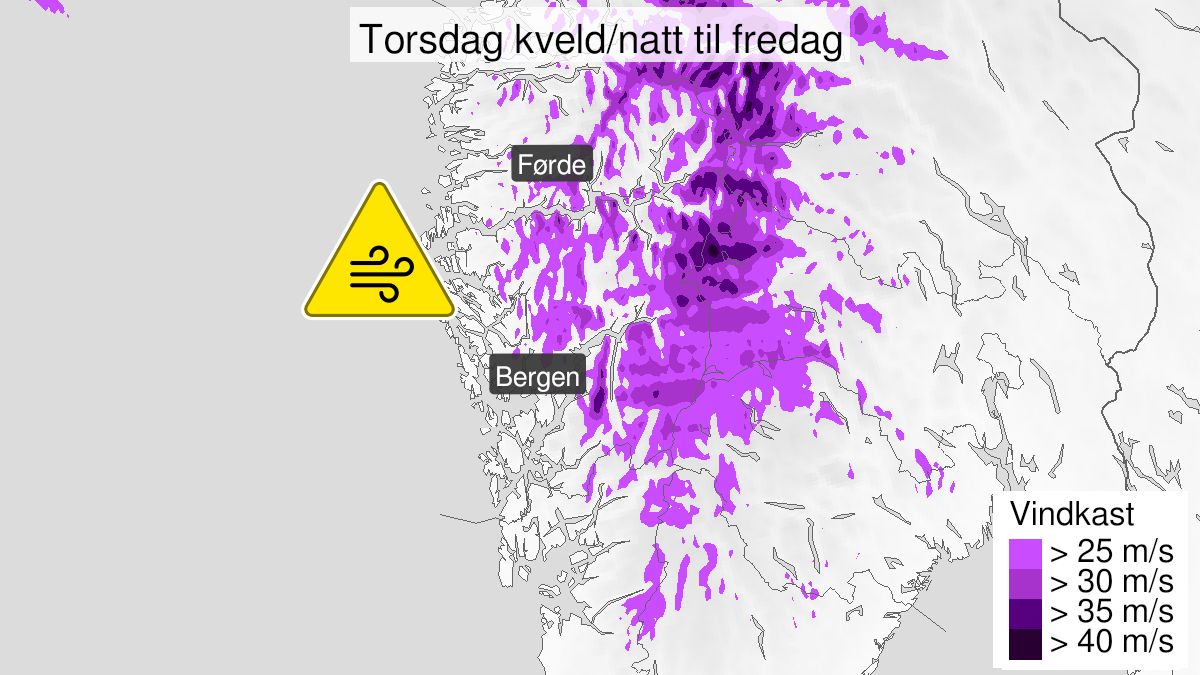 Map of strong wind gusts, yellow level, Vestland fylke, 13 January 17:00 UTC to 14 January 07:00 UTC.