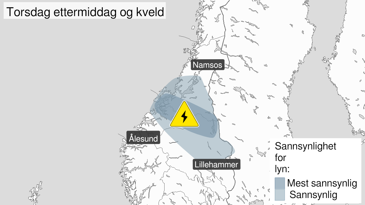 Kart over Mye lyn, gult nivå, Deler av Sør-Norge, 2024-06-13T11:00:00+00:00, 2024-06-13T19:00:00+00:00