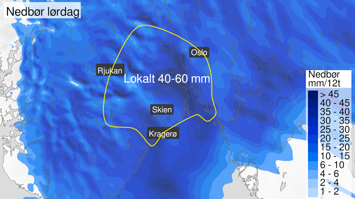 Kart over mye regn, gult nivå, Telemark, Vestfold, Østfold, Oslo, Akershus og Buskerud, 25 September 22:00 UTC til 26 September 12:00 UTC.