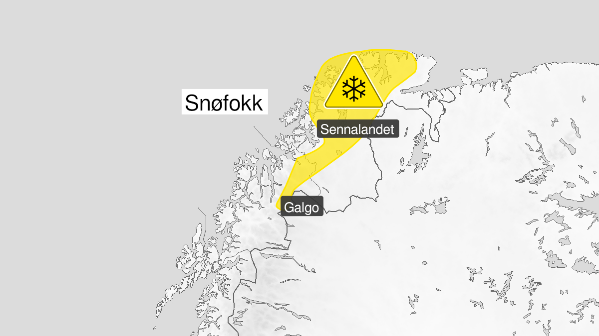 Map over Blowing snow, yellow level, Mountain passes in Northern part of Troms and Finnmark, 2024-02-24T04:00:00+00:00, 2024-02-24T23:00:00+00:00